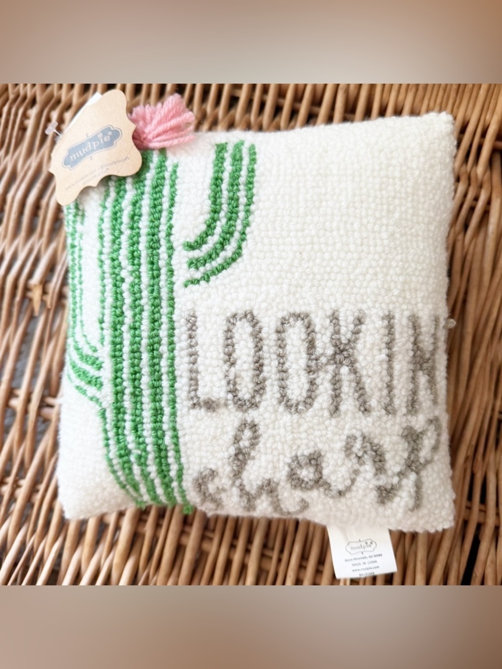Mud Pie “looking sharp” hooked design mini accent pillow.